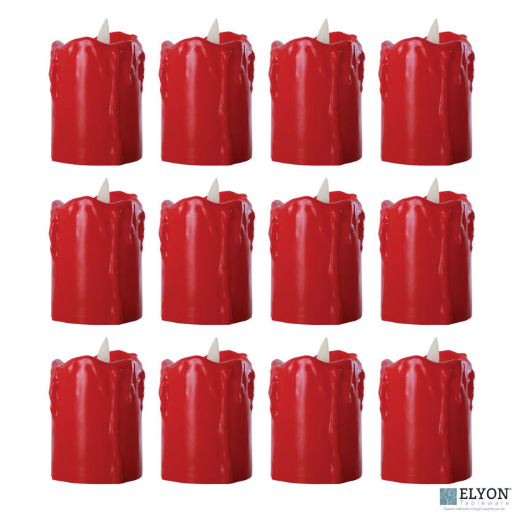 LED Flameless Short Dripping Pillar Flicker Candles, 12 Pack, Red - pack