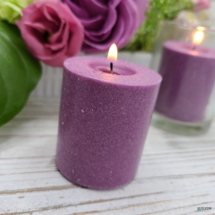 Picture of 18 Purple Colored Unscented Wax Votive Candles in Glass Holder, 24 Hours Burn Time