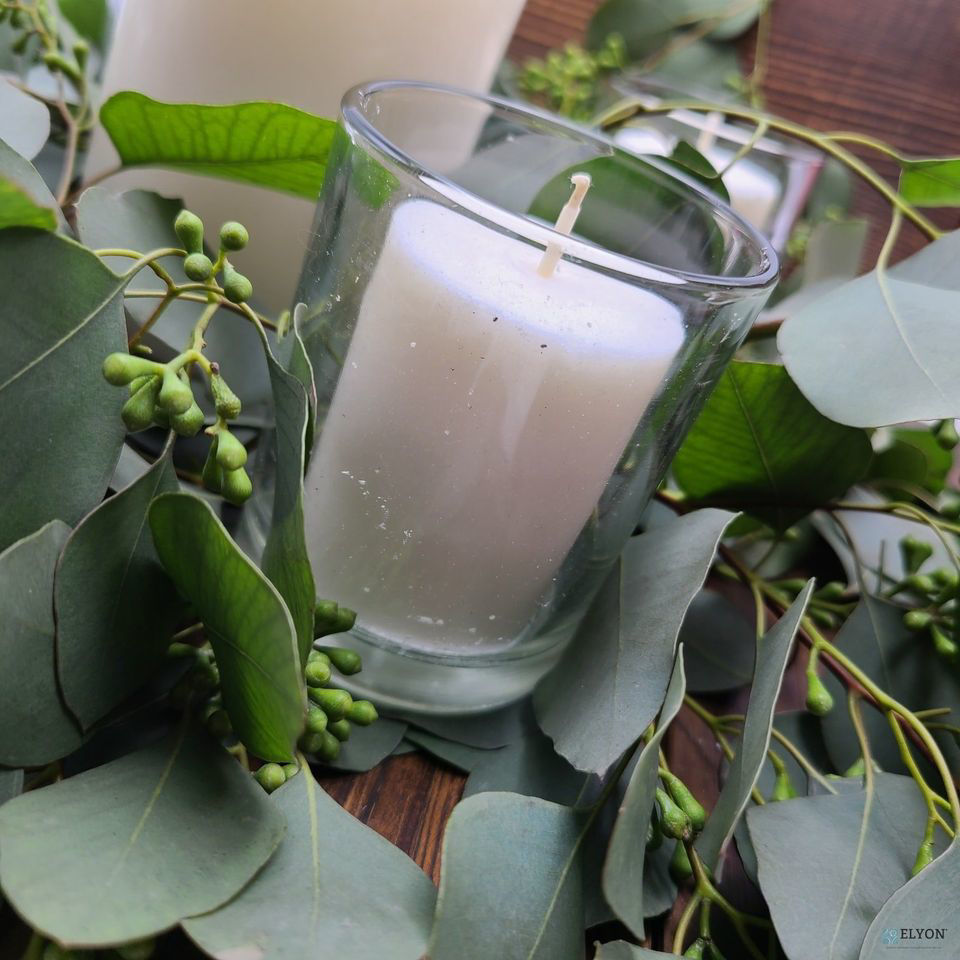 18 White Colored Unscented Wax Votive Candles in Glass Holder, 24 Hours