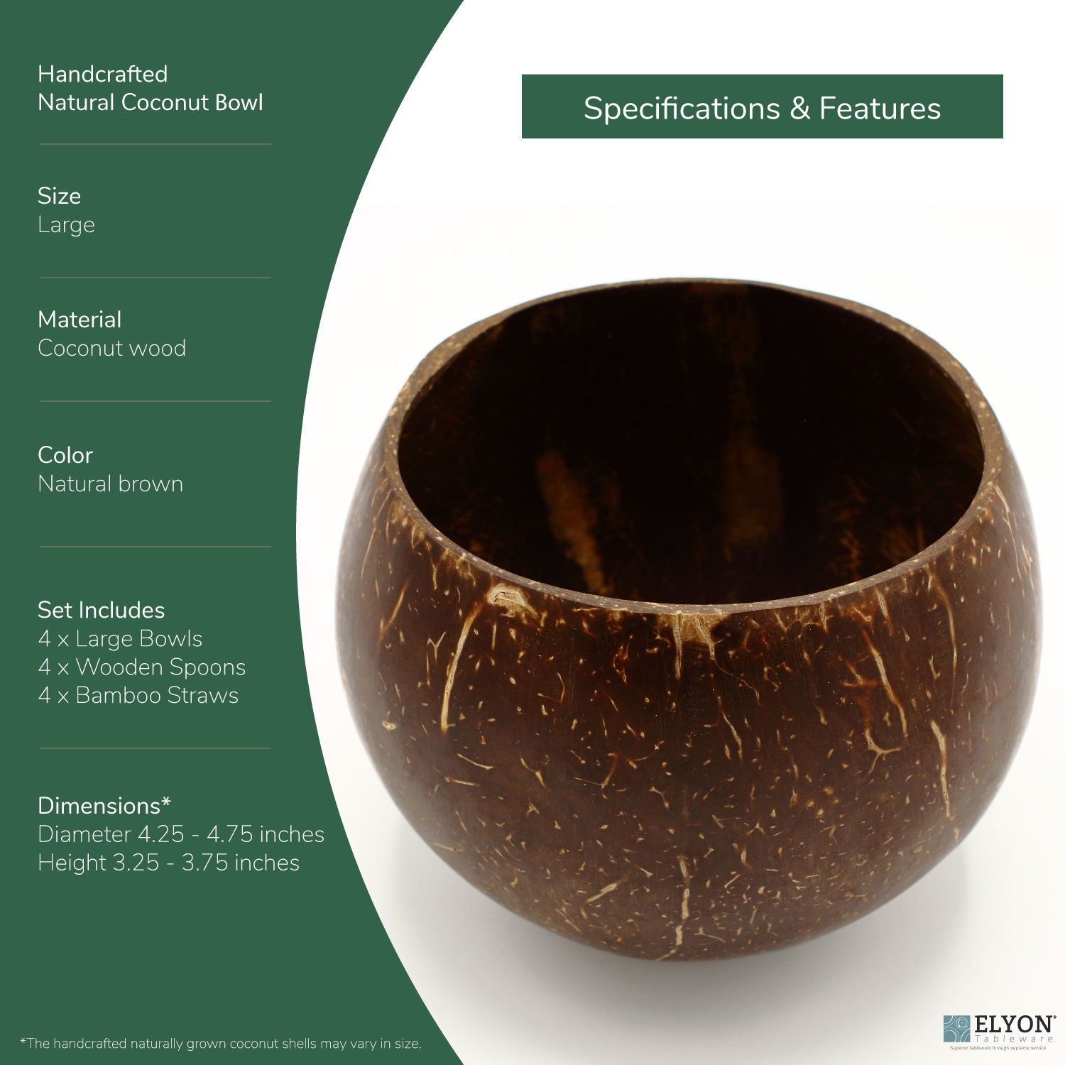 Handcrafted Natural Coconut Bowl, Gift Set of 4 Large Bowls, 4 Wooden