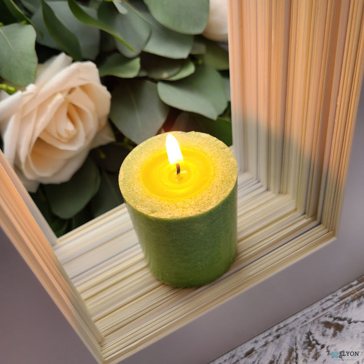 Picture of 18 Green Colored Unscented Wax Votive Candles in Glass Holder, 24 Hours Burn Time