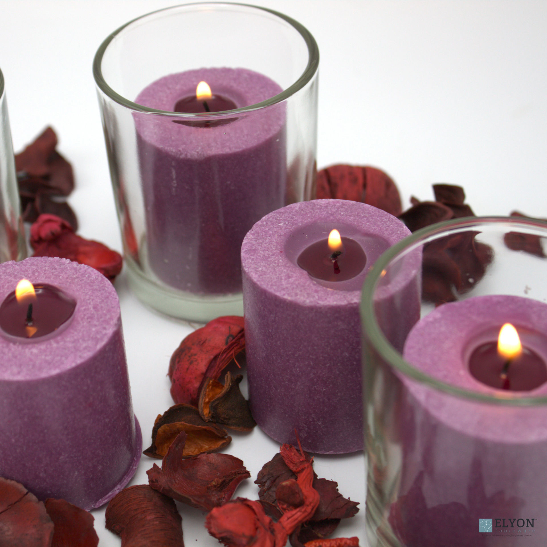 18 Purple Colored Unscented Wax Votive Candles in Glass Holder, 24