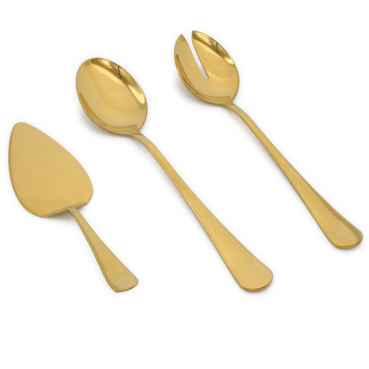 Picture of 3 Piece Gold Reflective Colored Serving Set, Stainless Steel Includes: 1 Serving Spoon, 1 Slotted Serving Spoon, 1 Pie Server