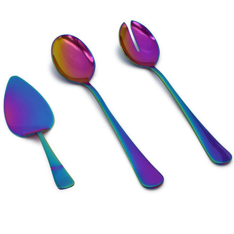 Picture of 3 Piece Rainbow Reflective Colored Serving Set, Stainless Steel Includes: 1 Serving Spoon, 1 Slotted Serving Spoon, 1 Pie Server