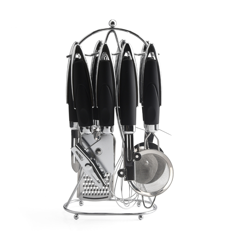 Elyon Tableware, 7 Piece Kitchen Essentials Set with Stand, Stainless Steel, Black