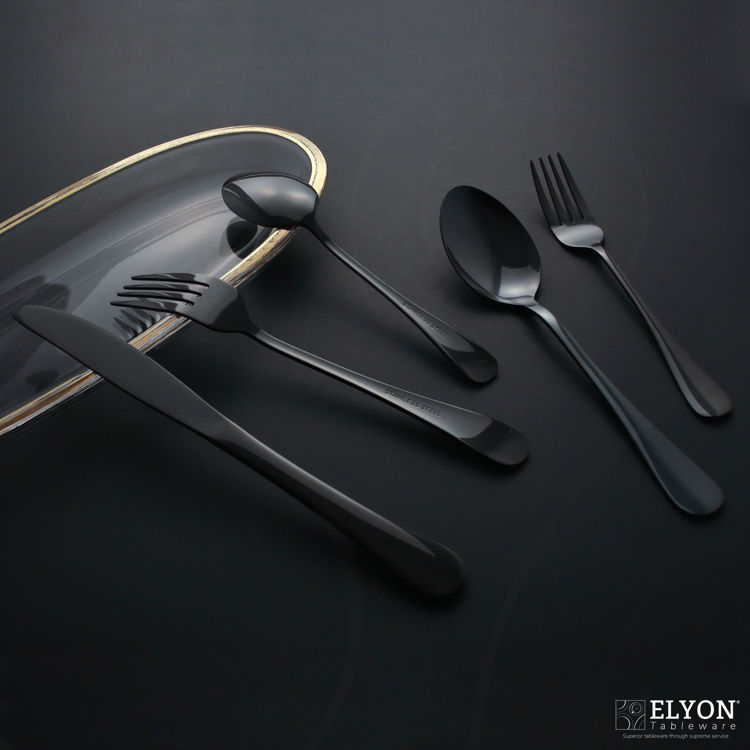 Reflective black flatware - cutlery - stainless steel - black background