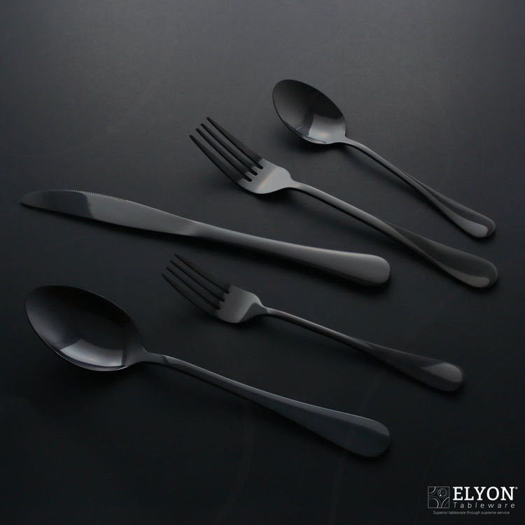 Reflective black flatware - cutlery - stainless steel - black background