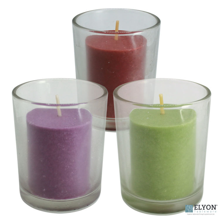 Picture of 18 Assorted Colored Unscented Wax Votive Candles in Glass Holder, 24 Hours Burn Time