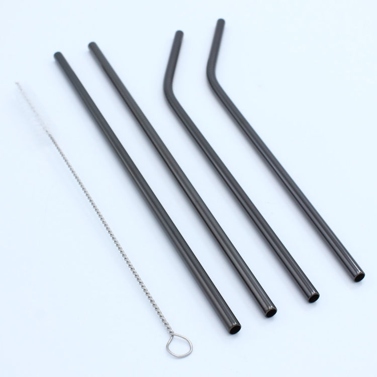 15-Piece Reusable Drinking Metal Straws Set Reflective Black Colored Stainless Steel Eco Friendly