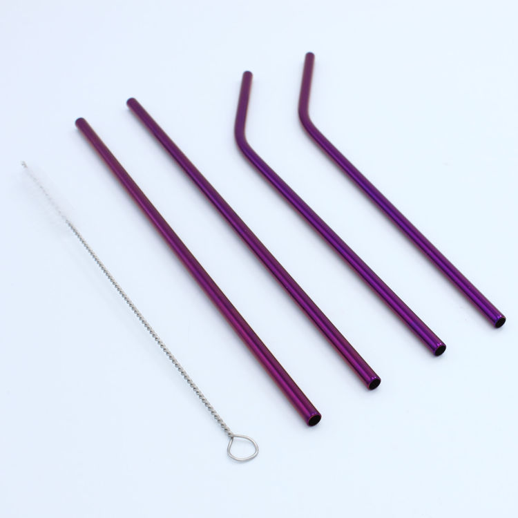 15-Piece Reusable Drinking Metal Straws Set Reflective Purple Colored Stainless Steel Eco Friendly