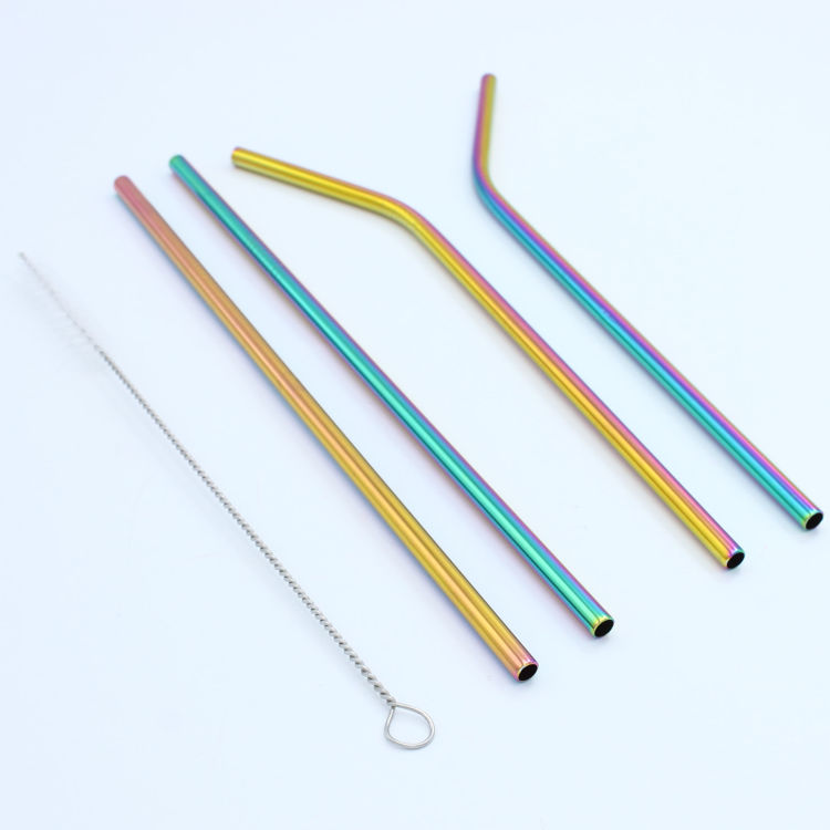 15-Piece Reusable Drinking Metal Straws Set Reflective Rainbow Colored Stainless Steel Eco Friendly