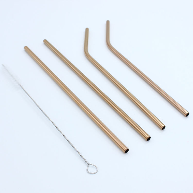 15-Piece Reusable Drinking Metal Straws Set Reflective Rose Gold Colored Stainless Steel Eco Friendly