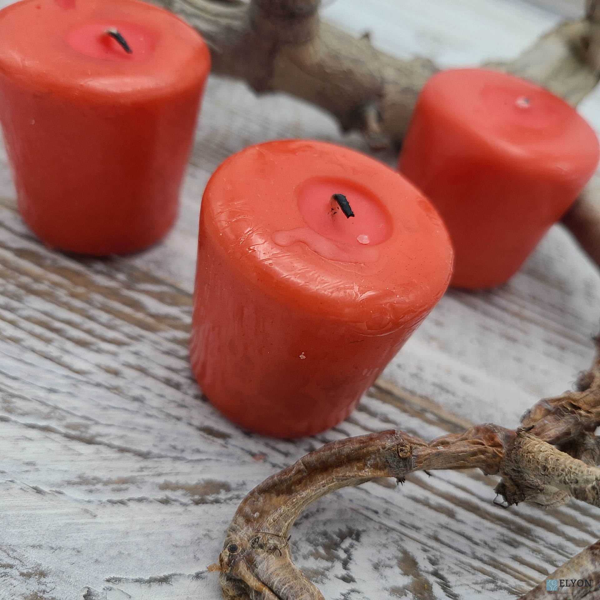 24 Red Unscented Wax Votive Candles, 15 Hours Burn Time. Elyon