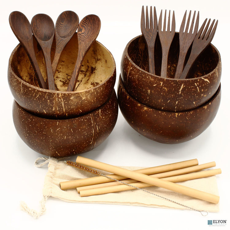 Details about    Natural Eco Coconut Shell Bowl Set with Wooden Cutlery Set Husk Spoon Chopstick 