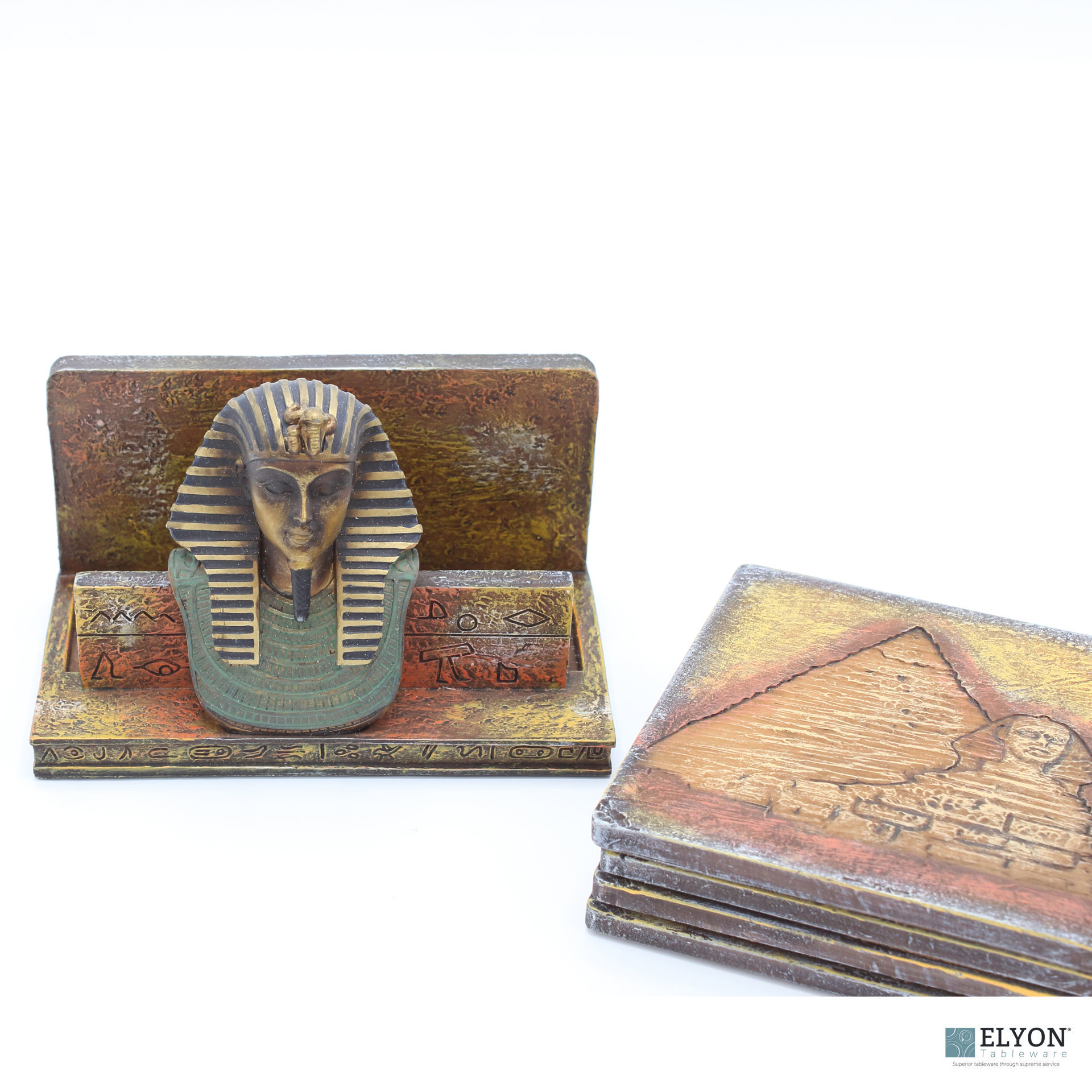 Hand Painted Resin 3D Egyptian Coaster Set, Stand with 4 Coasters, A
