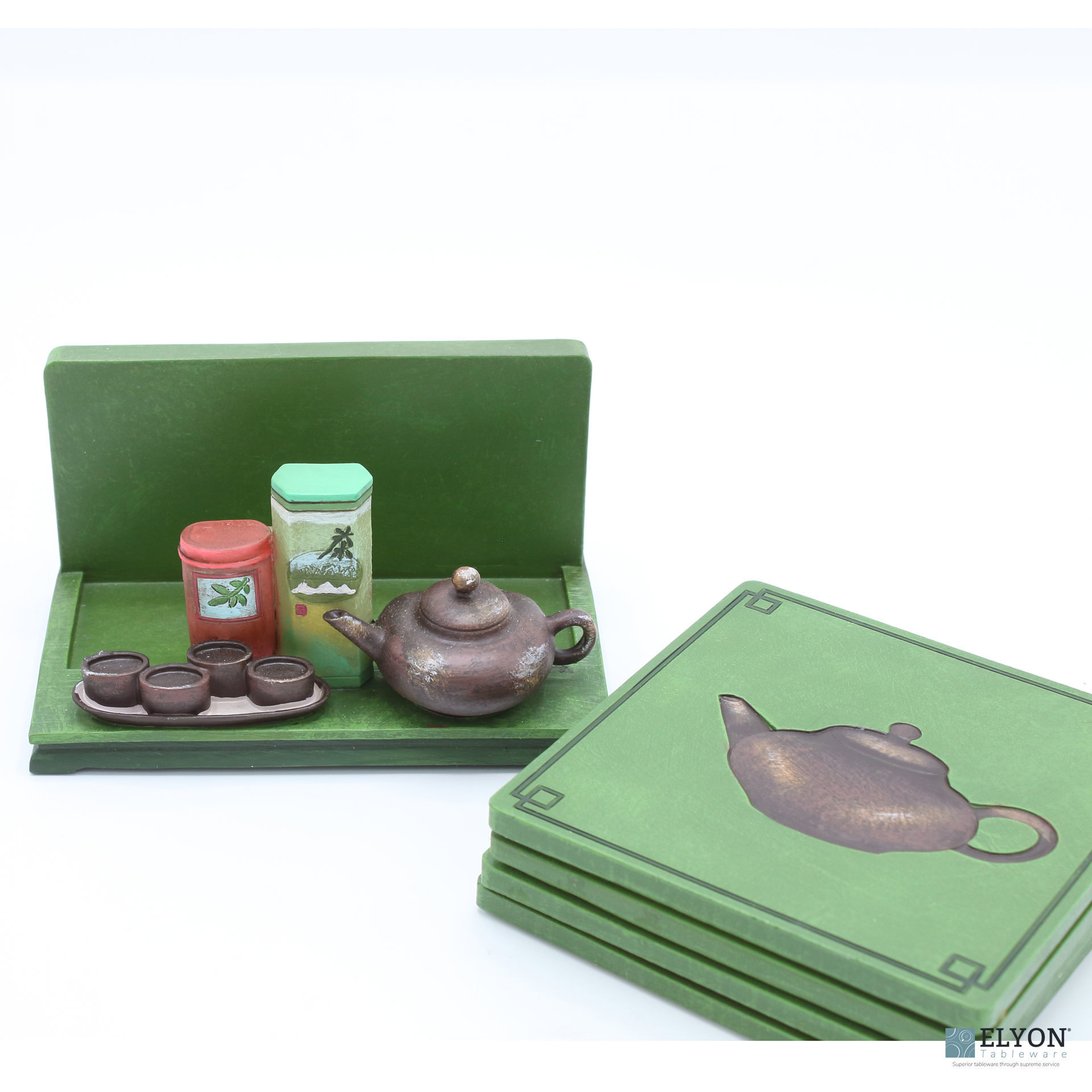 Hand Painted Resin 3D Teapot Coaster Set, Stand with 4 Coasters, A