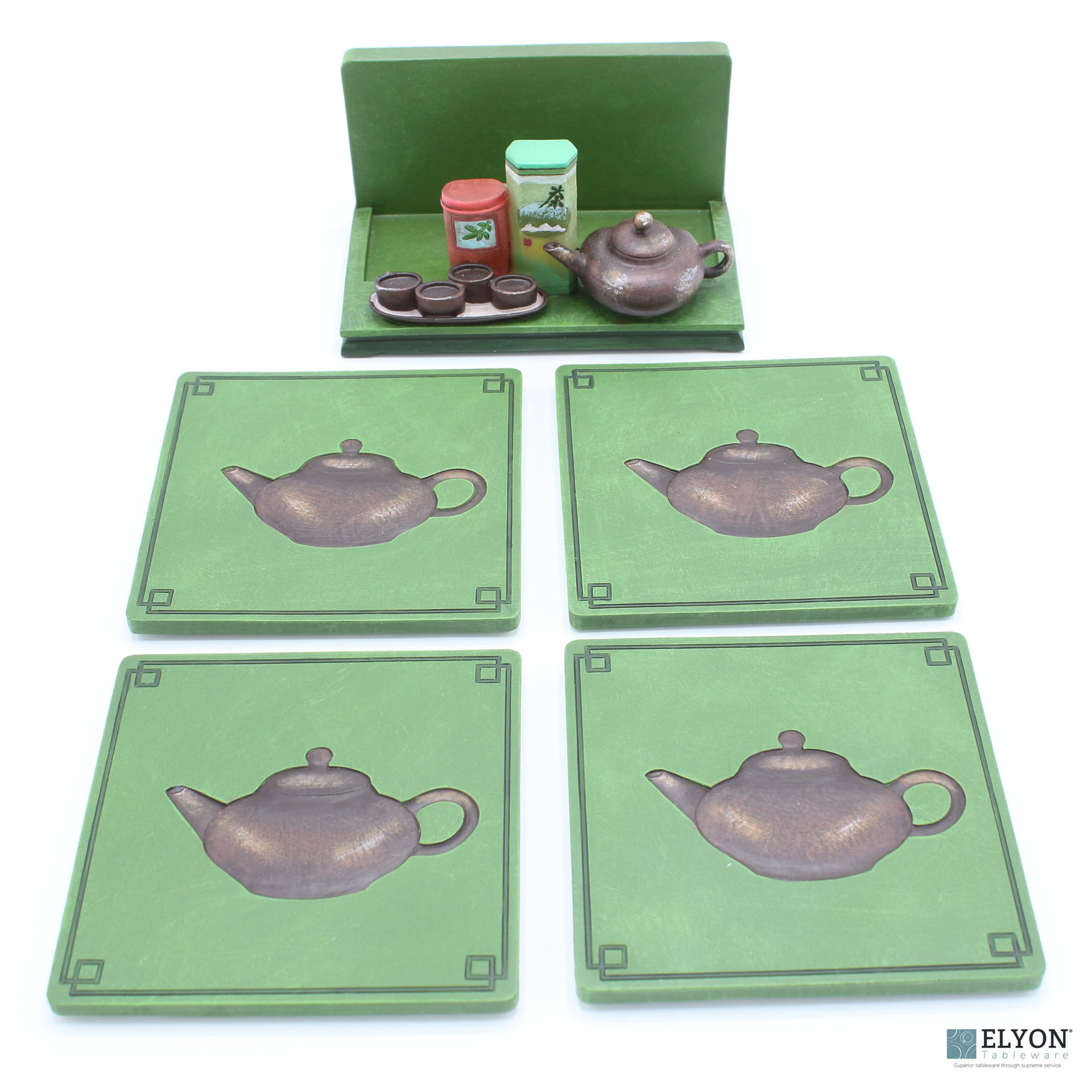 Hand Painted Resin 3D Teapot Coaster Set, Stand with 4 Coasters, A
