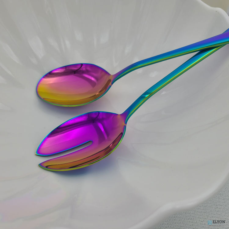 2 Piece Rainbow Reflective Colored Serving Set with 1 Complimentary Pie Server Stainless Steel	