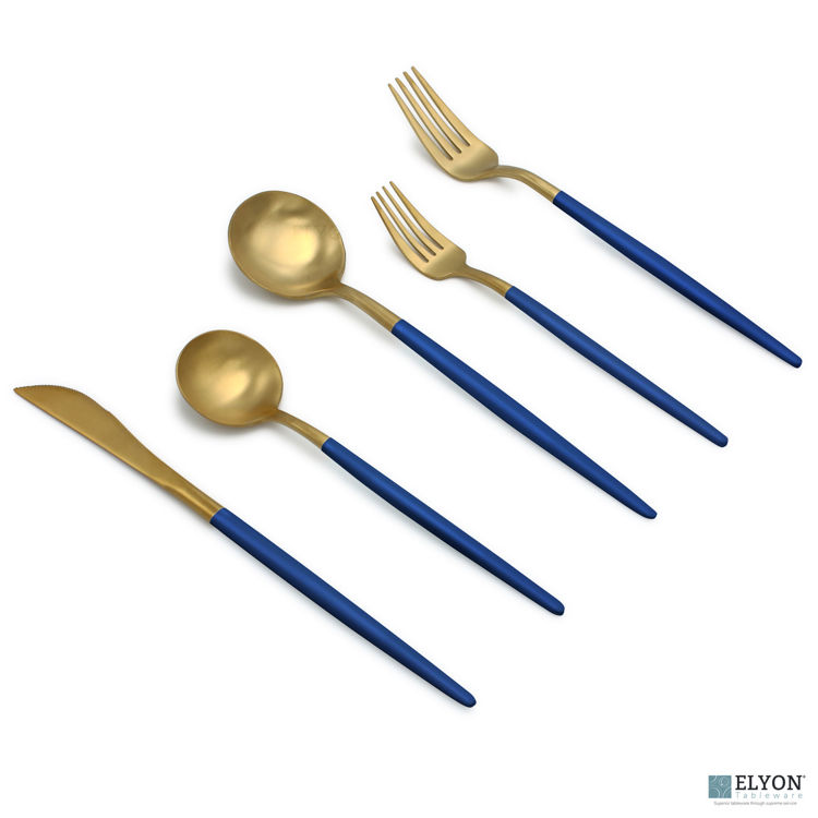 20-Piece Matte Gold/Blue Flatware Set, Stainless Steel, Blue Thin Handles, Service For 4
