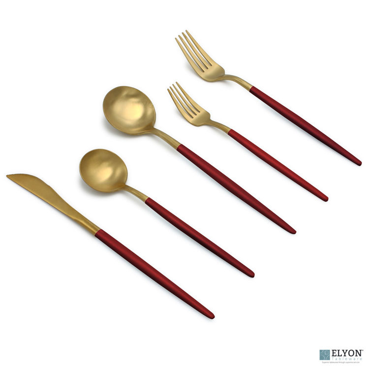 20-Piece Matte Gold/Red Flatware Set, Stainless Steel, Red Thin Handles, Service For 4