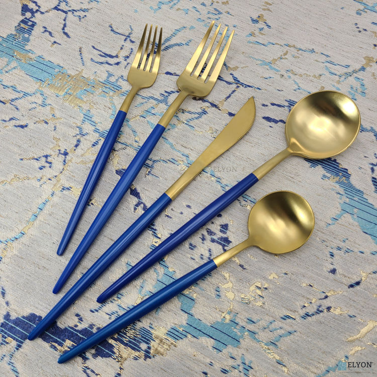 20-Piece Matte Gold/Blue Flatware Set, Stainless Steel, Blue Thin Handles, Service For 4	