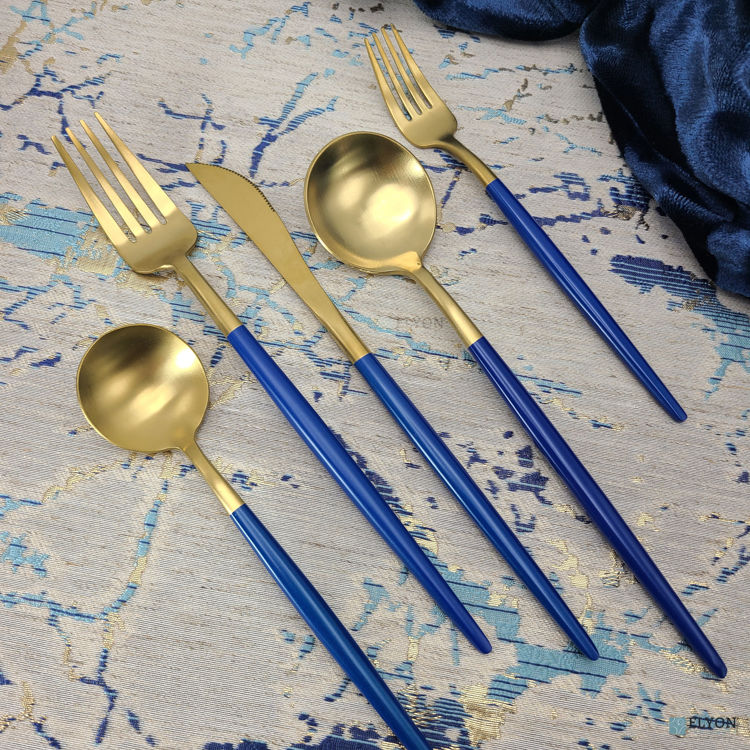 Matte Gold/Blue Flatware Set, Stainless Steel, Blue Thin Handles, Service For 4