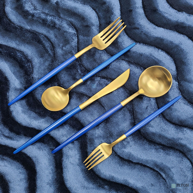 20-Piece Matte Gold/Blue Flatware Set, Stainless Steel, Blue Thin Handles, Service For 4	