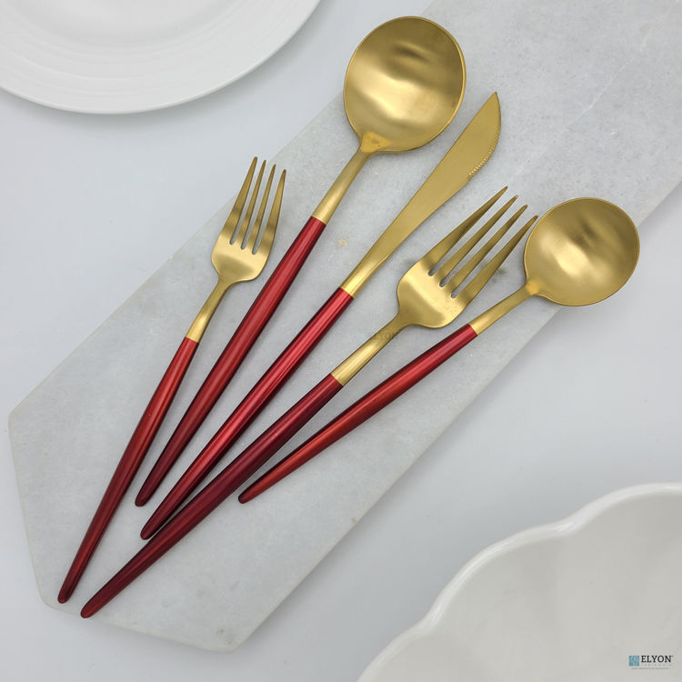 Matte Gold/Red Flatware Set, Stainless Steel, Red Thin Handles, Service For 4