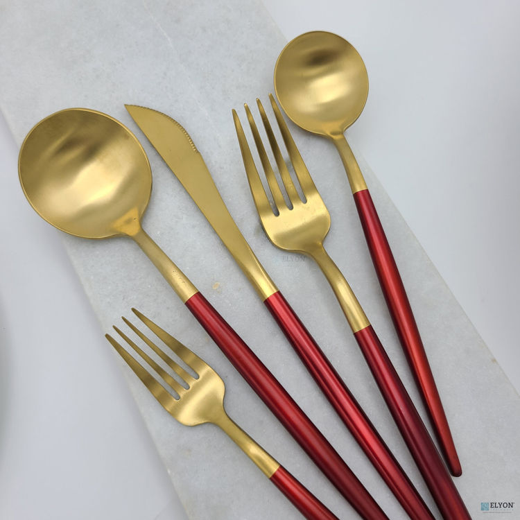 20-Piece Matte Gold/Red Flatware Set, Stainless Steel, Red Thin Handles, Service For 4	