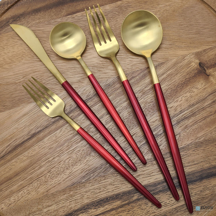 Gold/Red Flatware Set, Stainless Steel, Red Thin Handles, Service For 4