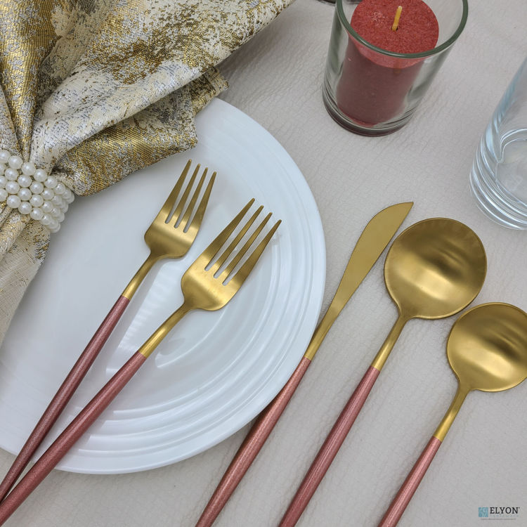 20-Piece Matte Gold/Rose Flatware Set, Stainless Steel, Rose Thin Handles, Service For 4