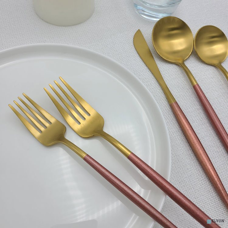 20-Piece Matte Gold/Rose Flatware Set, Stainless Steel, Rose Thin Handles, Service For 4