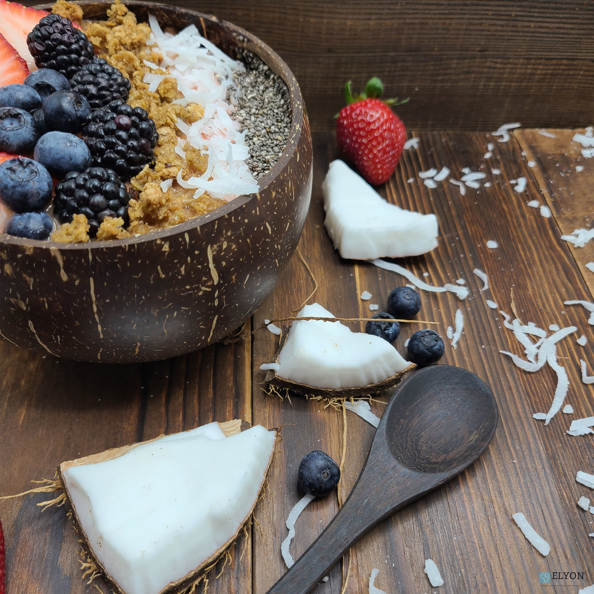 Handcrafted Natural Coconut Bowl, Gift Set of 4 Jumbo Bowls, 4 Wooden ...
