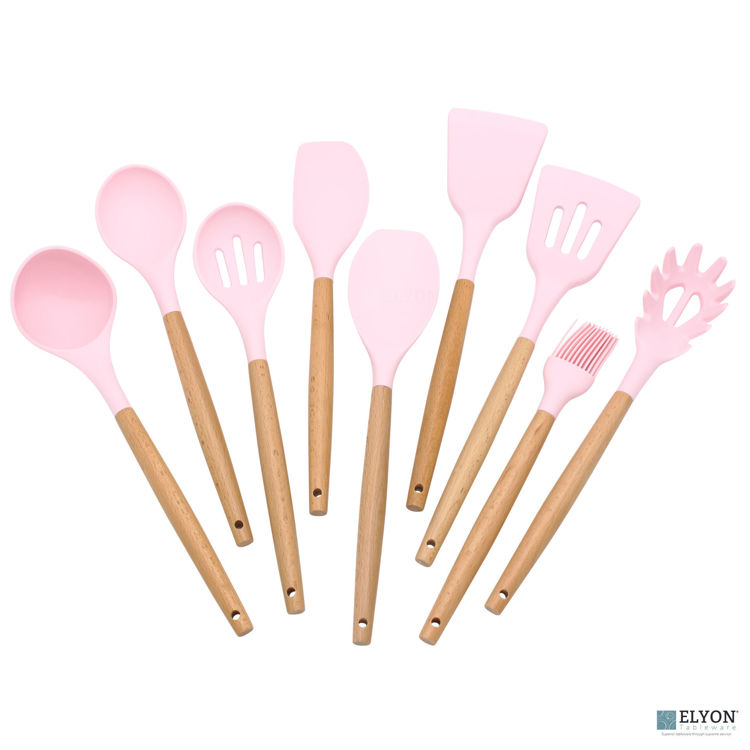  9 Piece Pink Silicone Kitchen Utensils Set with Wooden Handles