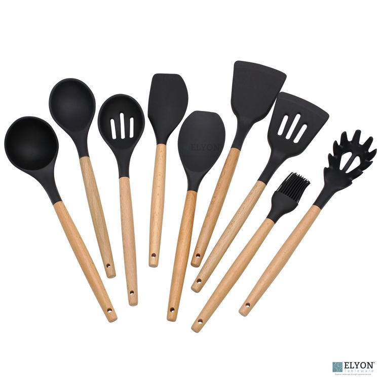Elyon Tableware, 9 Piece Silicone Cooking Utensils Set w/ Wood Handles, Black	
