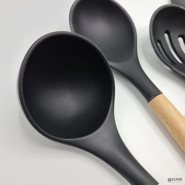 Elyon Tableware, 9 Piece Silicone Cooking Utensils Set w/ Wood Handles, Black