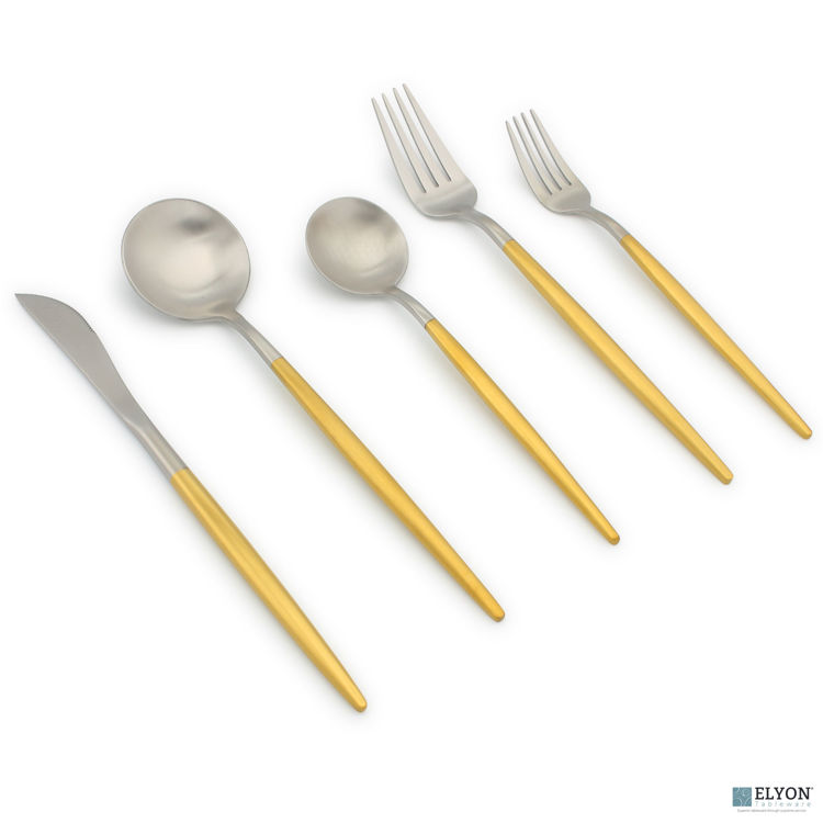20-Piece Matte Silver/Gold Flatware Set, Stainless Steel, Gold Thin Handles, Service For 4