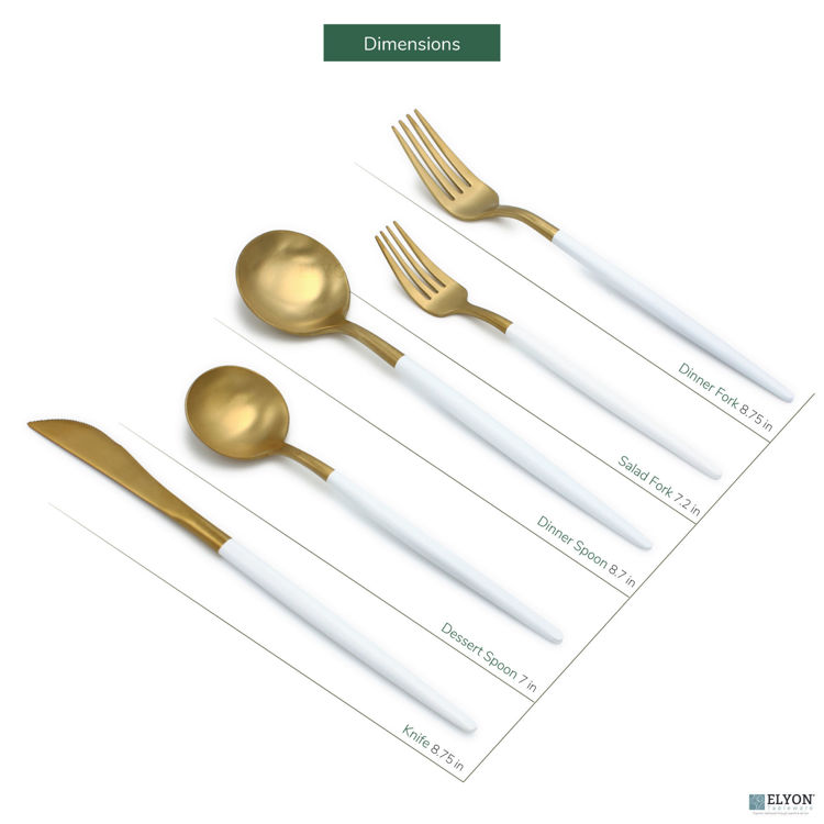 Matte Gold/White Flatware Set, Stainless Steel, White Thin Handles, Service For 4