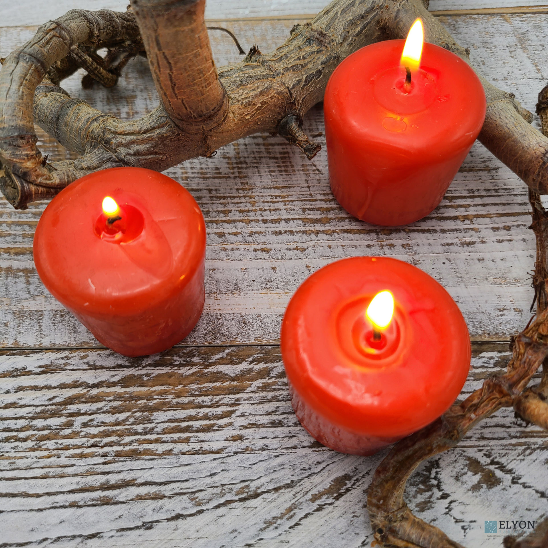 24 Red Unscented Wax Votive Candles, 15 Hours Burn Time. Elyon