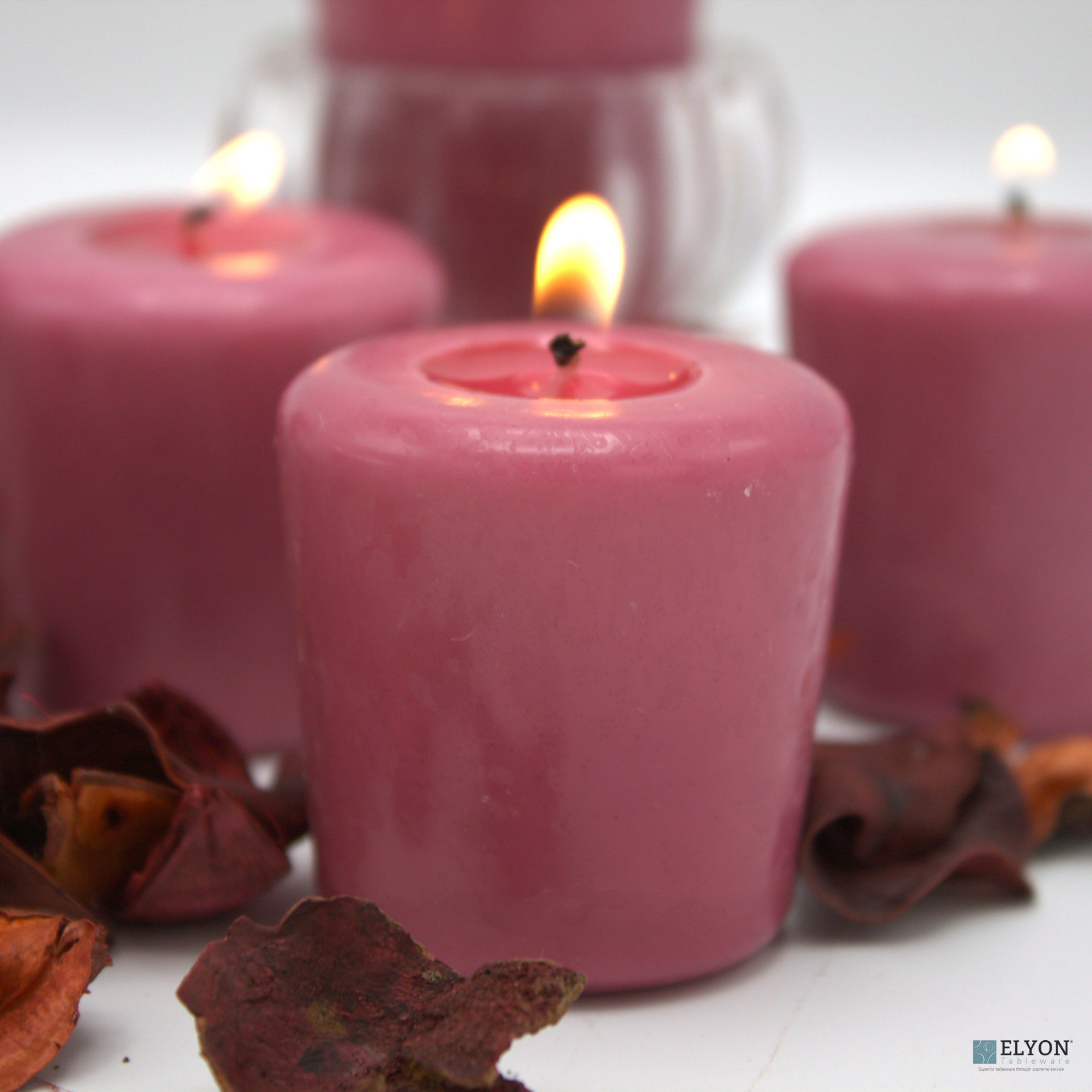 24 Mauve Unscented Wax Votive Candles, 15 Hours Burn Time. Elyon