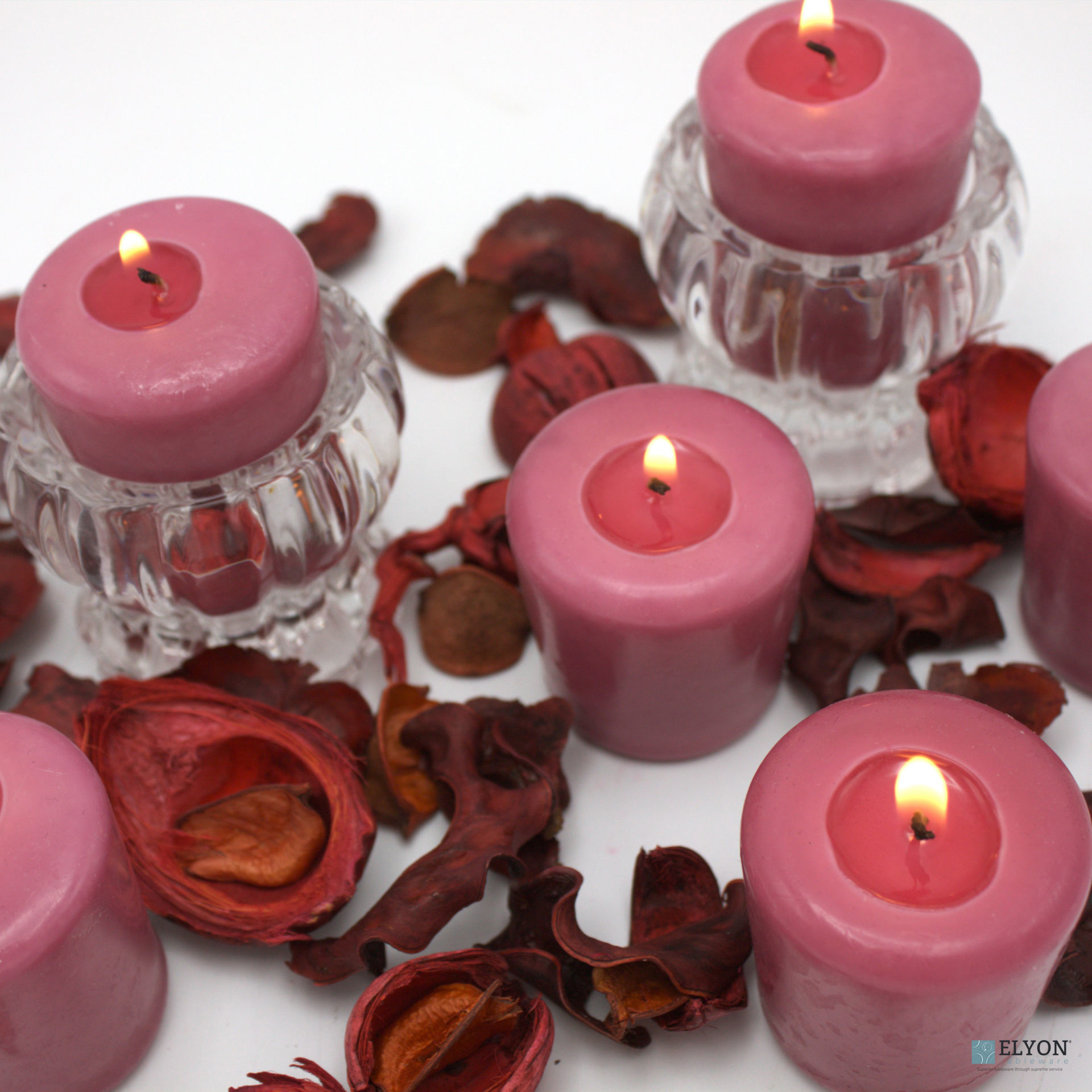 24 Mauve Unscented Wax Votive Candles, 15 Hours Burn Time. Elyon