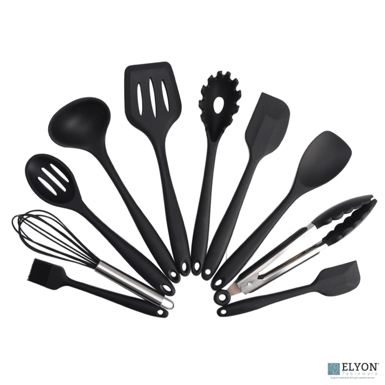 Elyon Tableware, 10 Piece Silicone Kitchen Cooking Utensils Set, Black