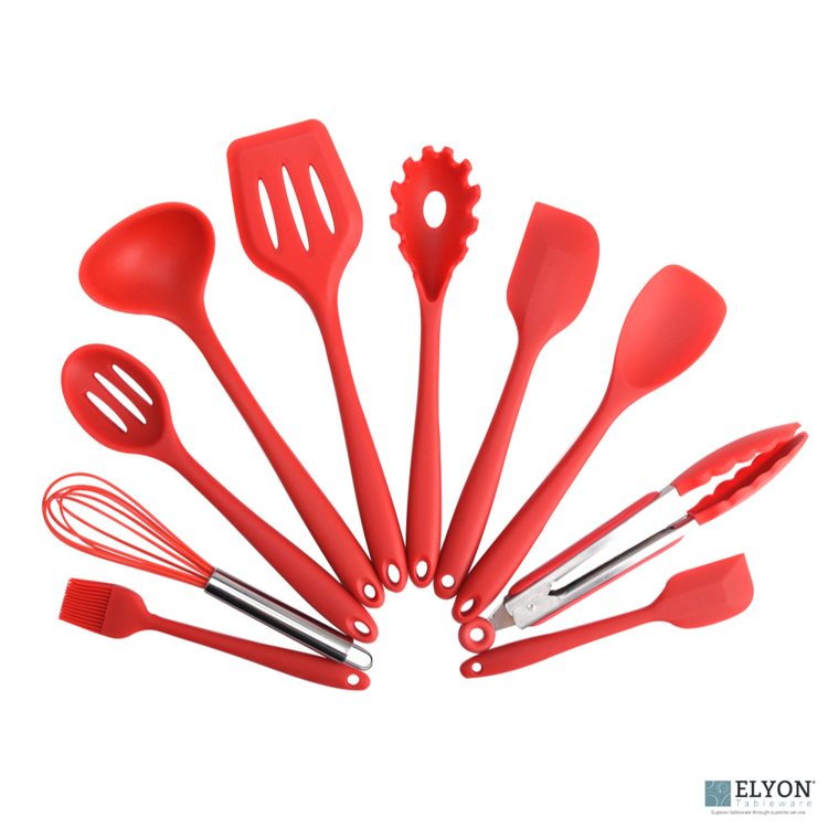 Elyon Tableware, 10 Piece Silicon Kitchen Cooking Utensils Set, Red	