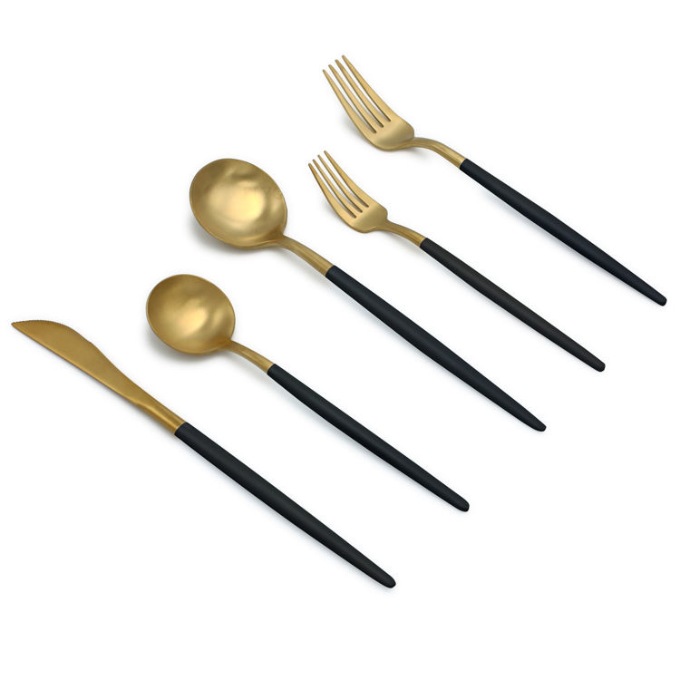 20-Piece Matte Gold/Black Flatware Set, Stainless Steel, Black Thin Handles, Service For 4	