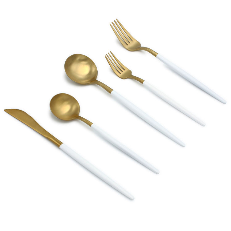 20-Piece Matte Gold/White Flatware Set, Stainless Steel, White Thin Handles, Service For 4	