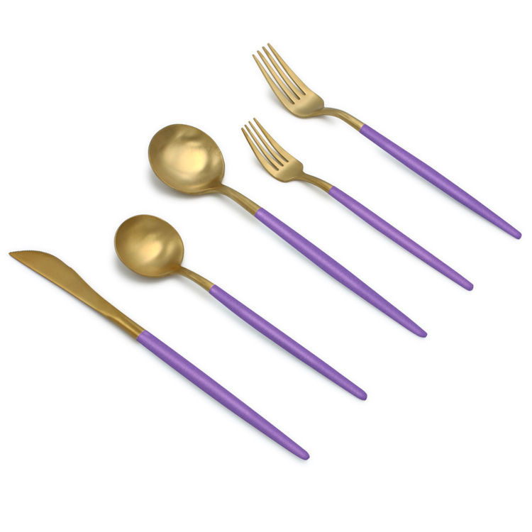 20-Piece Matte Gold/Purple Flatware Set, Stainless Steel, Purple Thin Handles, Service For 4	