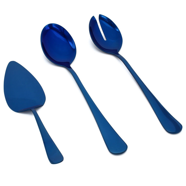 3 Piece Blue Reflective Colored Serving Set, Stainless Steel Includes: 1 Serving Spoon, 1 Slotted Serving Spoon, 1 Pie Server