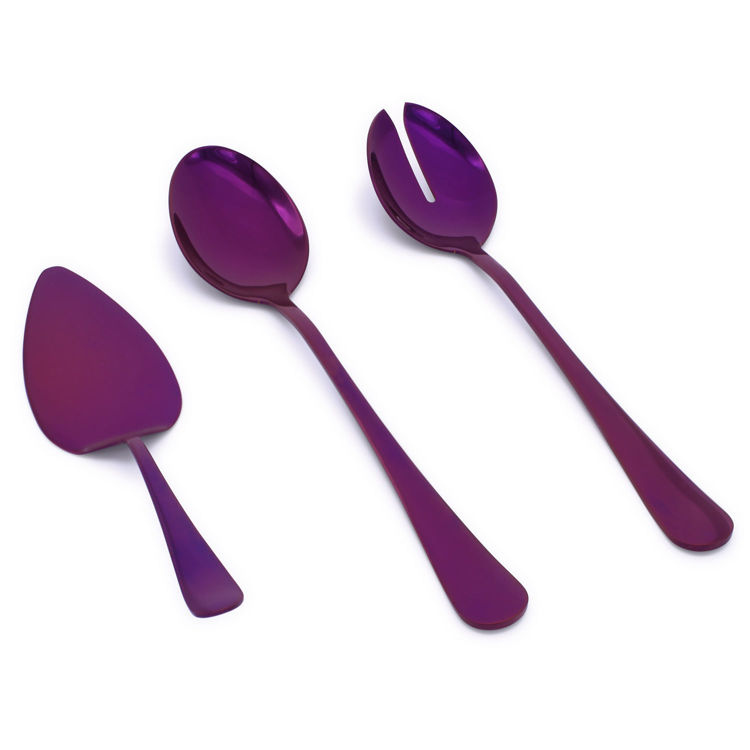 Picture of 3 Piece Purple Reflective Colored Serving Set, Stainless Steel Includes: 1 Serving Spoon, 1 Slotted Serving Spoon, 1 Pie Server