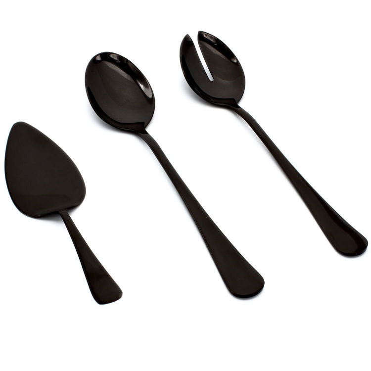 Picture of 3 Piece Black Reflective Colored Serving Set, Stainless Steel Includes: 1 Serving Spoon, 1 Slotted Serving Spoon, 1 Pie Server