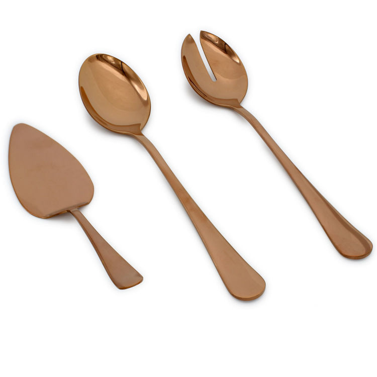 Picture of 3 Piece Copper Reflective Colored Serving Set, Stainless Steel Includes: 1 Serving Spoon, 1 Slotted Serving Spoon, 1 Pie Server